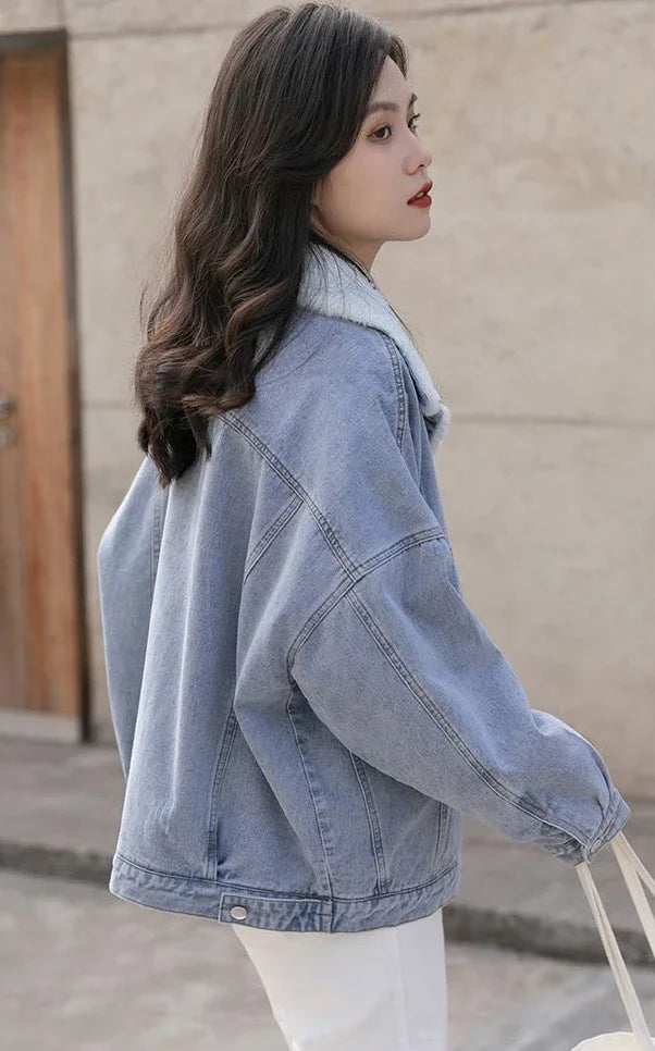 Outerwear Wool Inside Plain Warm Blue Denim Jacket for Women with Fur Plush Woman Jean Coat Winter 2025 Cold Padded Korean Outer