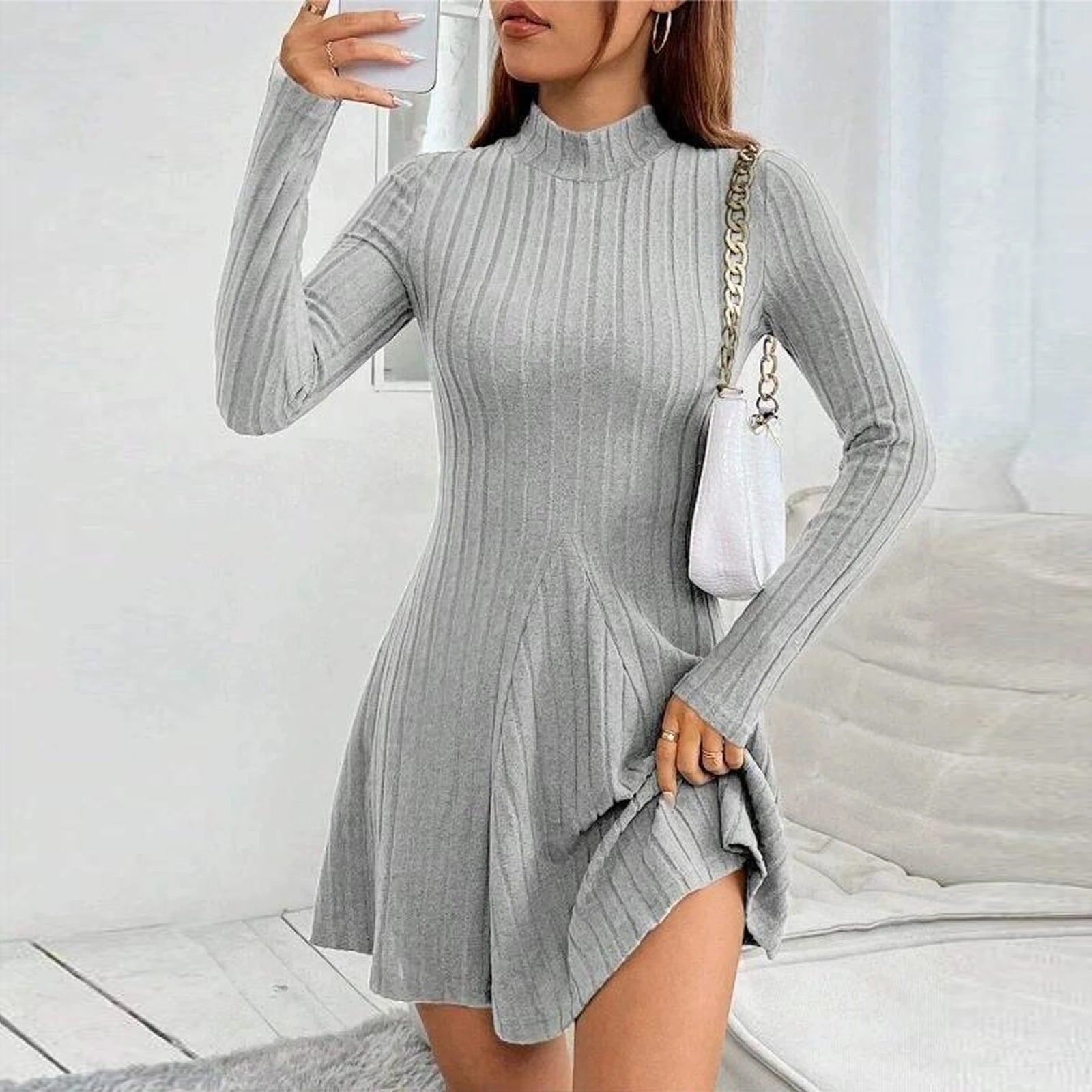 Women's Dresses Fall Winter Simple Solid Color Long Sleeve Mock Neck A Line High Waisted Flare Hem Casual Short Dresses 2025