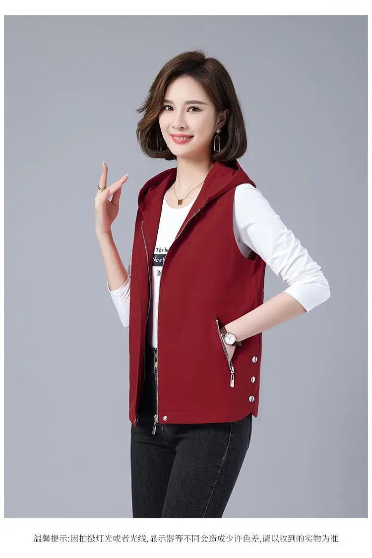 Vest Jacket Women Long Waistcoat Outerwear 2025 New Spring Autumn Middle Aged Loose Sleeveless Hooded Casual Khaki Black Tops