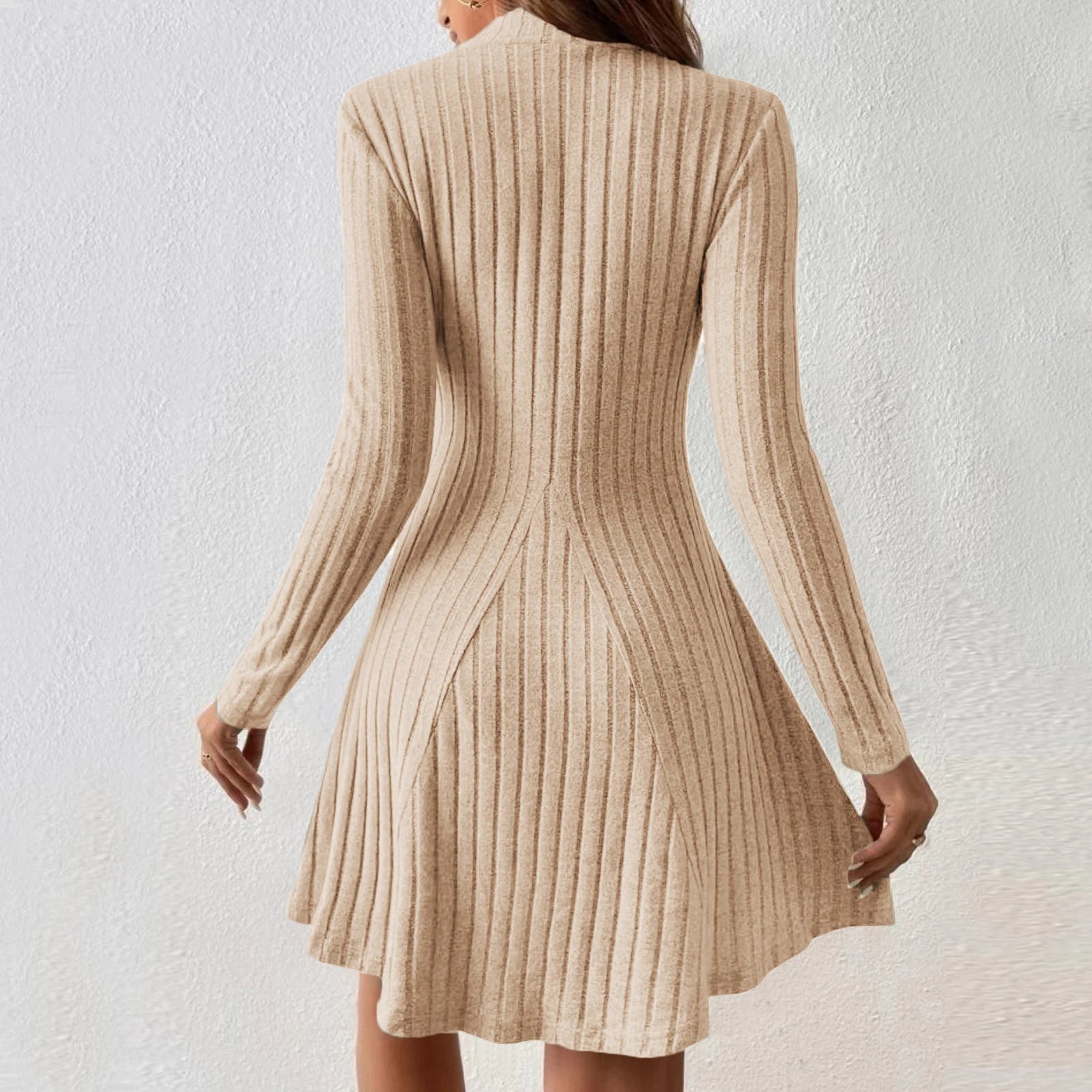 Women's Dresses Fall Winter Simple Solid Color Long Sleeve Mock Neck A Line High Waisted Flare Hem Casual Short Dresses 2025
