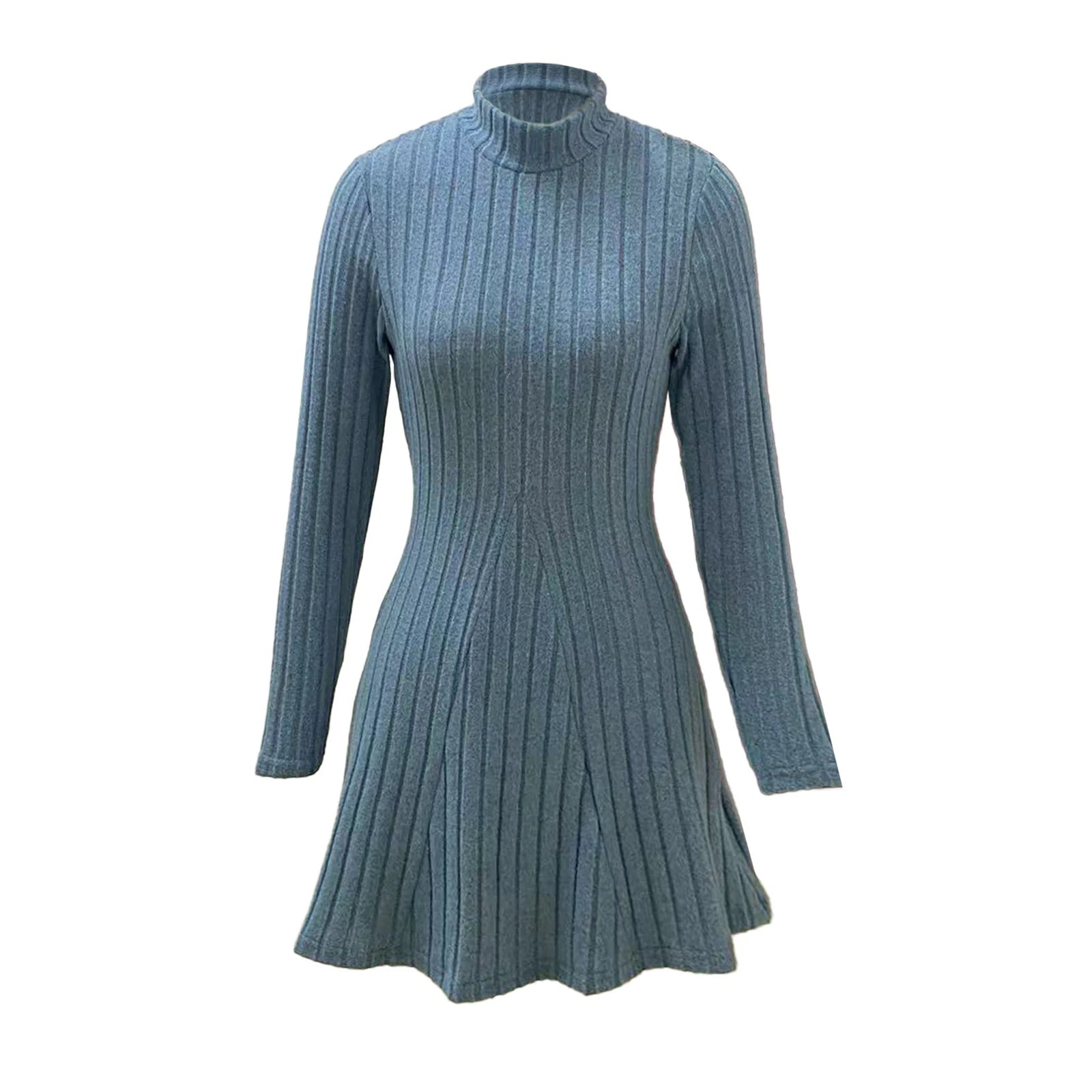 Women's Dresses Fall Winter Simple Solid Color Long Sleeve Mock Neck A Line High Waisted Flare Hem Casual Short Dresses 2025