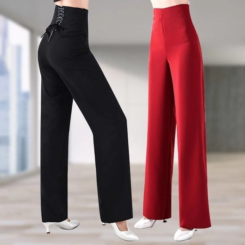Women Trousers Latin Dance Pants Modern Dance Ballroom Dancing Wide-Leg Pants Ladies High Waist Casual Loose Chiffon Trousers