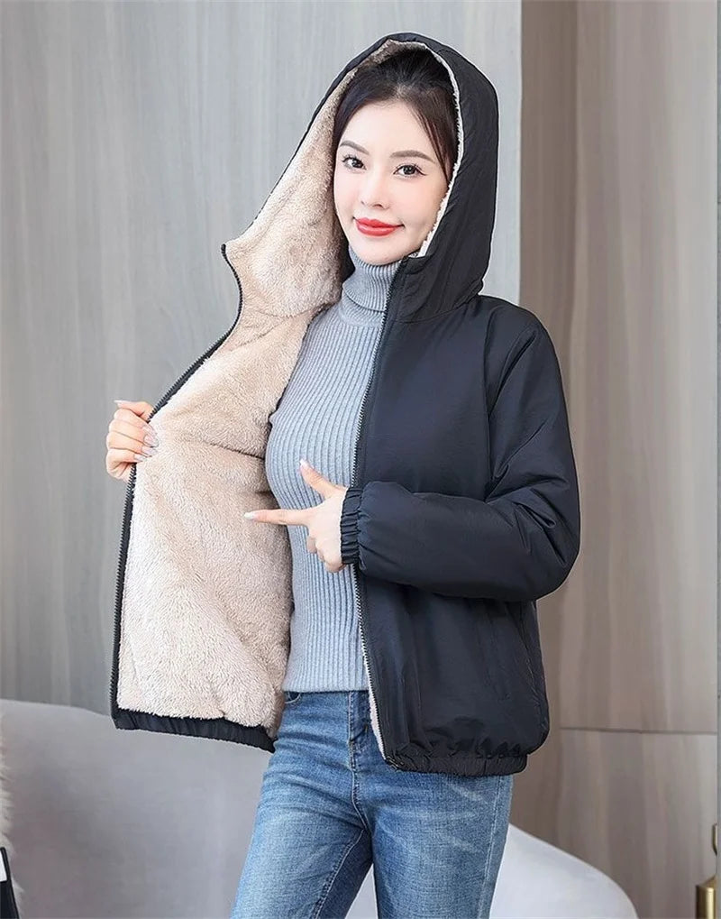 Add Velvet Padded Coat Women 2025 Winter Hooded Outerwear Ladies Warm Cotton-Padded Jacket New Fashion Overcoat Short Female Top