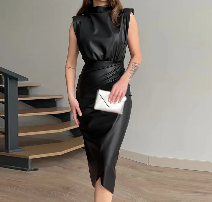 Women's Dress Elegant Party Night Clothing Contrast Lace Sleeveless Pu Leather Bodycon Dress Skinny Formal Occasion Sexy Dresses