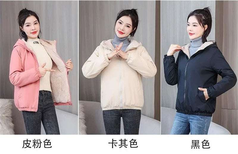 Add Velvet Padded Coat Women 2025 Winter Hooded Outerwear Ladies Warm Cotton-Padded Jacket New Fashion Overcoat Short Female Top