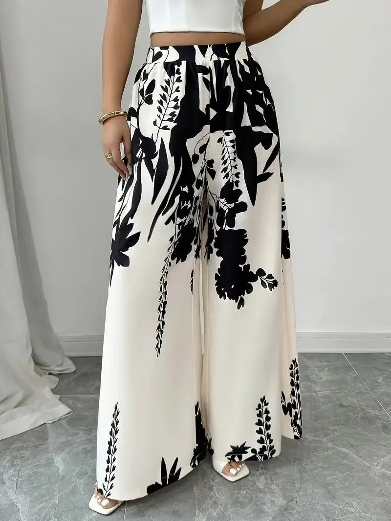 2025 women's fashion printed, lace-up, waist-cinching, slim-fit casual trousers for women