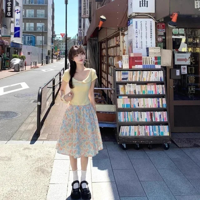 Skirt For Women 2025 Faldas Mujer De Moda Elastic Waist A-line Jupe Vintage Korean Saia Loose Floral Print Sweet Summer Skirts