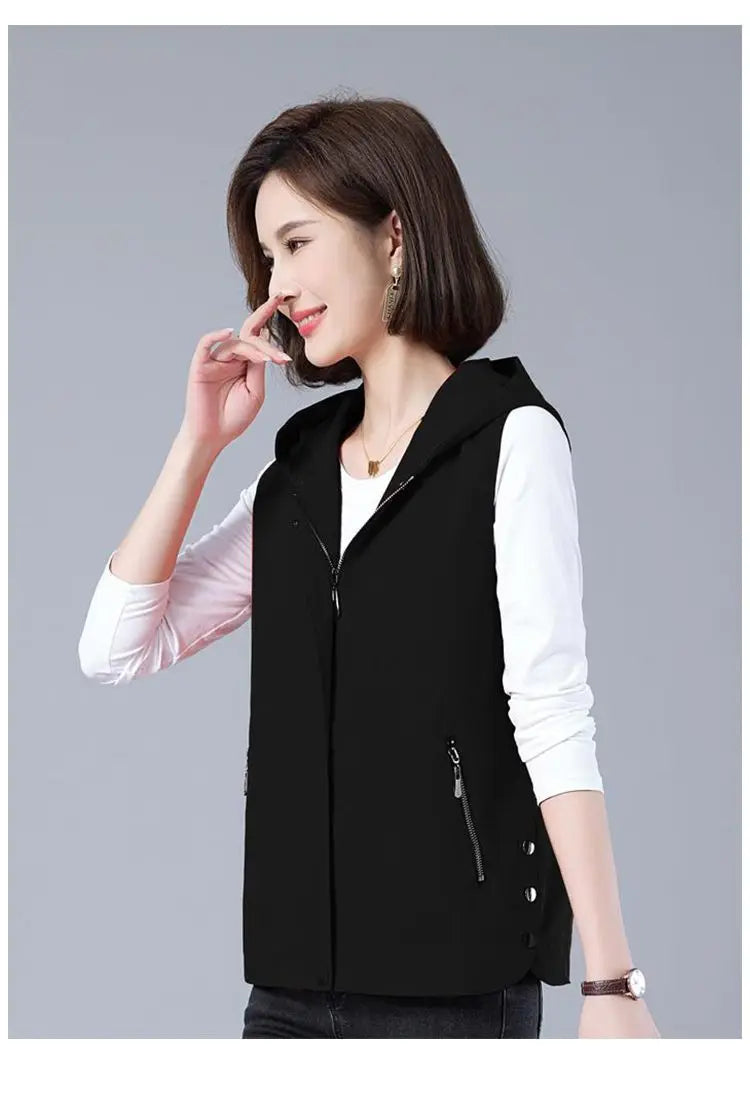 Vest Jacket Women Long Waistcoat Outerwear 2025 New Spring Autumn Middle Aged Loose Sleeveless Hooded Casual Khaki Black Tops