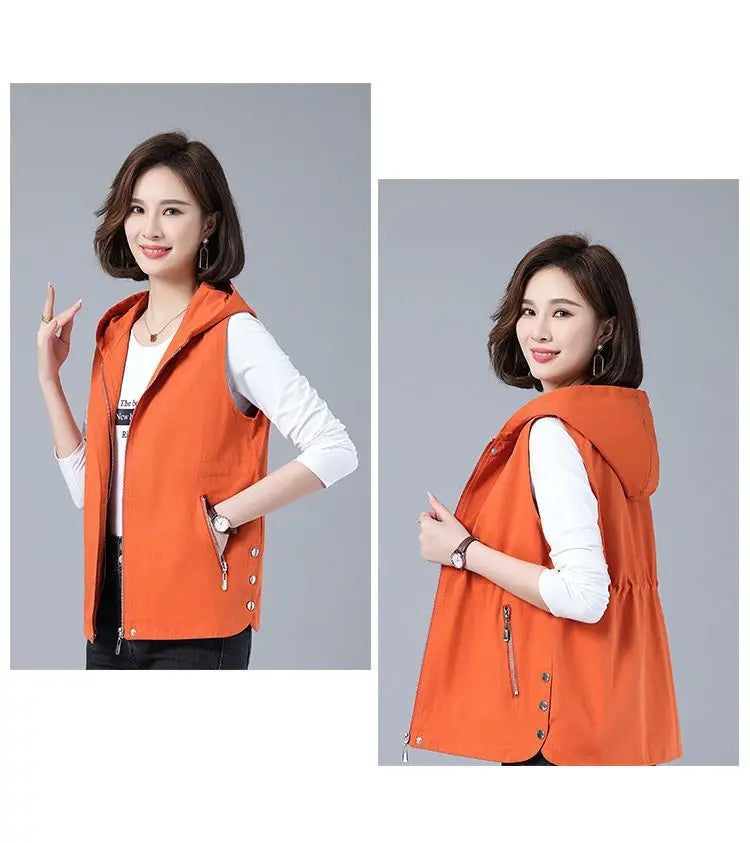 Vest Jacket Women Long Waistcoat Outerwear 2025 New Spring Autumn Middle Aged Loose Sleeveless Hooded Casual Khaki Black Tops