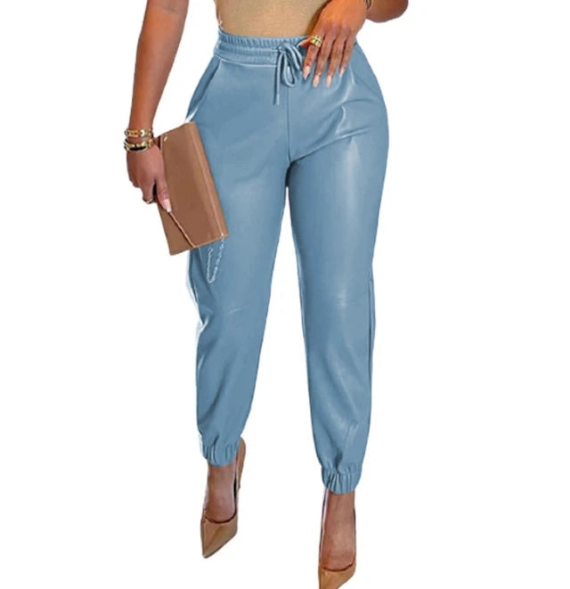Women's Trousers 2024 Autumn Winter Latest Solid Drawstring Pocket Pu Leather Casual Fashion Bound Foot Leather Pants Long Pants