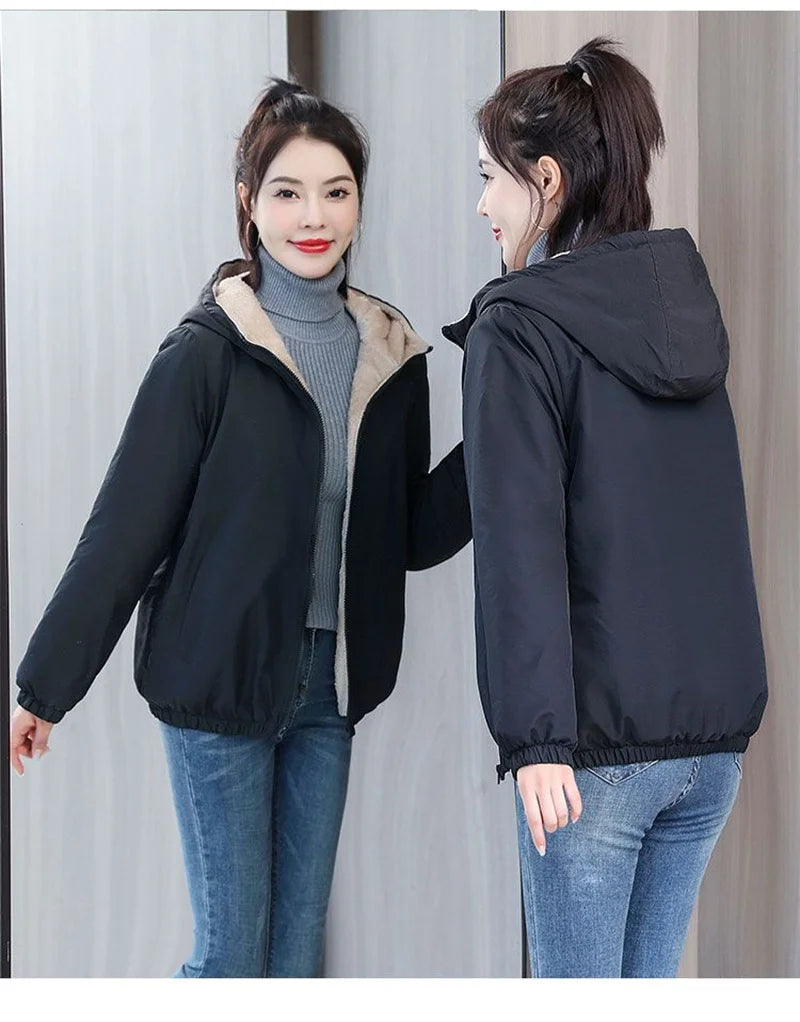 Add Velvet Padded Coat Women 2025 Winter Hooded Outerwear Ladies Warm Cotton-Padded Jacket New Fashion Overcoat Short Female Top